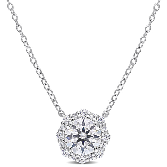 Moissanite Halo Necklace in Sterling Silver