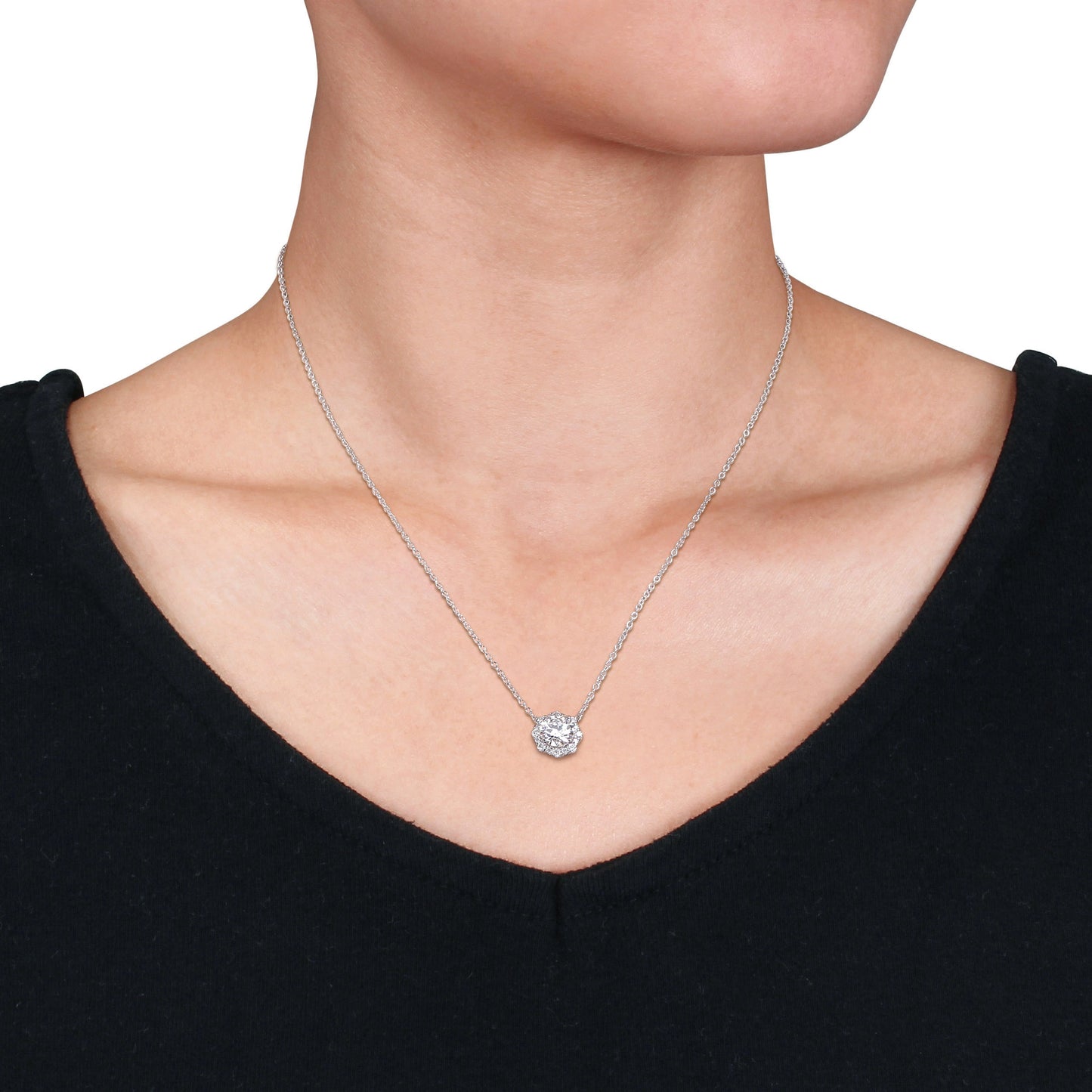 Moissanite Halo Necklace in Sterling Silver