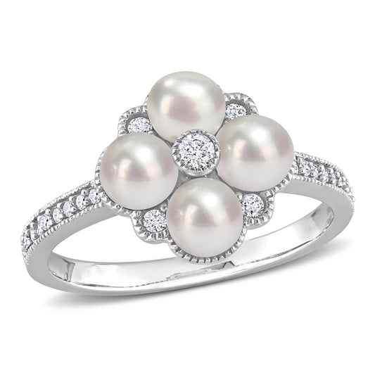 Cluster Diamond & Freshwater Pearl Ring in 14k White Gold