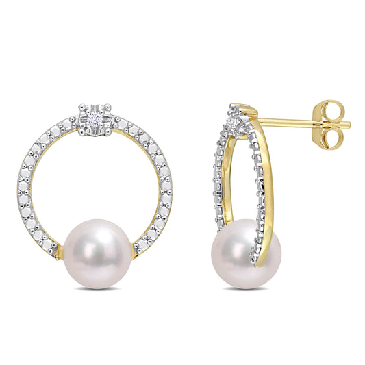 Pearl & White Topaz Hoops in 10k Yellow Gold