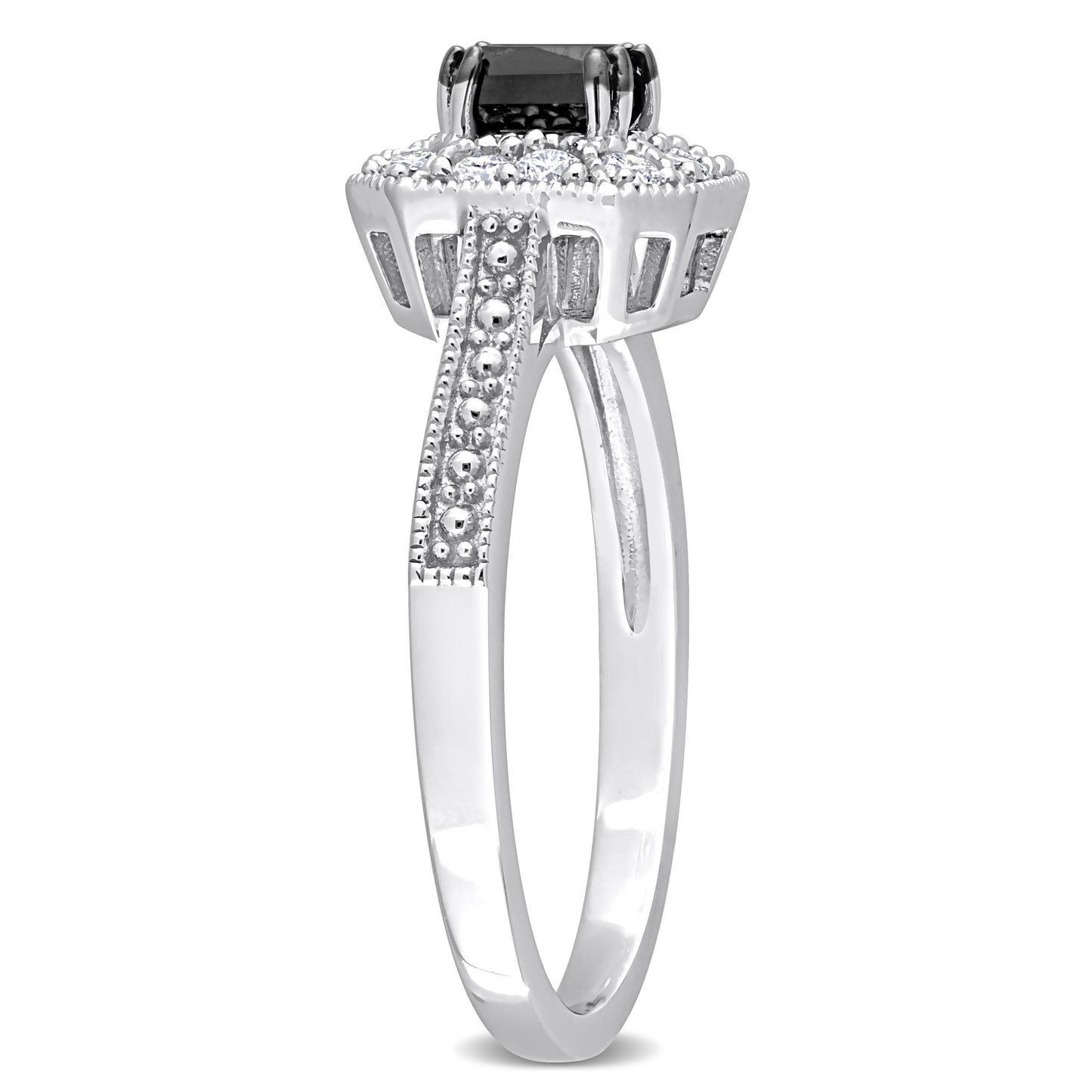 Princess Black and White Halo Diamond Engagement Ring in 10k White Gold