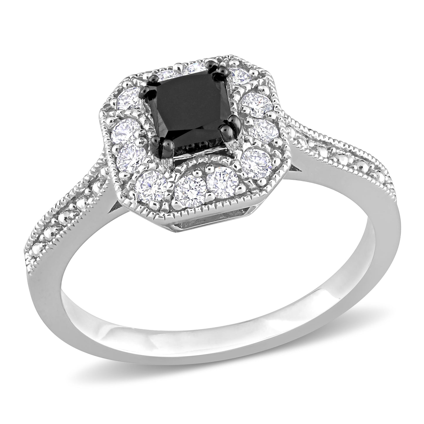 Princess Black and White Halo Diamond Engagement Ring in 10k White Gold
