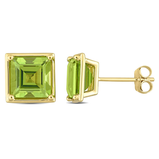 3 1/2ct Square Peridot Studs in 14k Yellow Gold