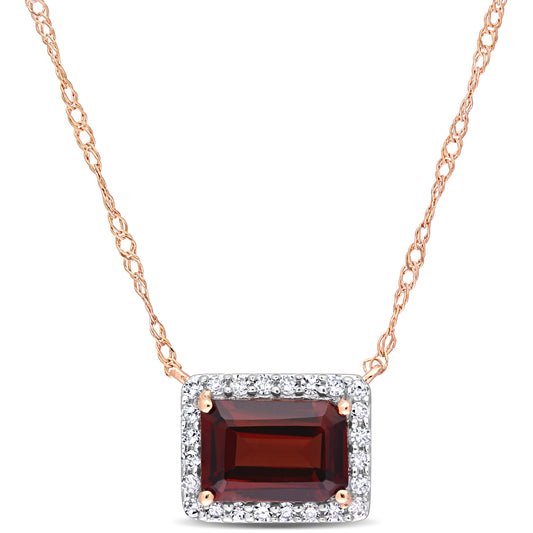 Octagon Garnet & Diamond Halo Necklace in 10k Rose Gold