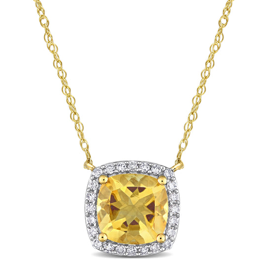 Cushion Cut Halo Citrine & Diamond Necklace in 10k Yellow Gold