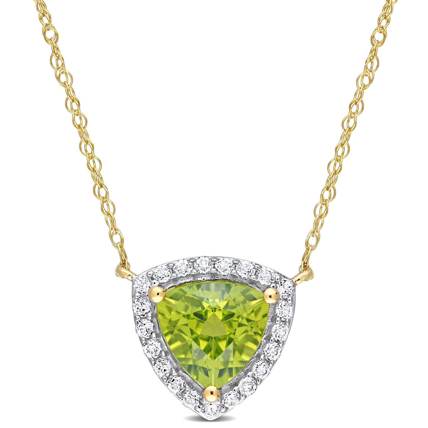 1 1/2ct Trillion Peridot & White Topaz Halo Necklace in 10k Yellow Gold