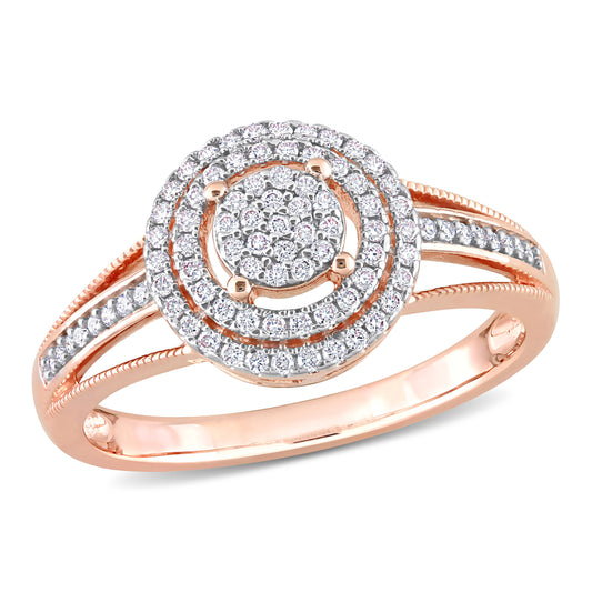 Double Halo Round Cluster Diamond Ring in 14k Rose Gold