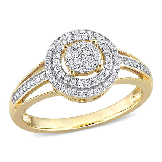 Double Halo Round Cluster Diamond Ring in 14k Yellow Gold