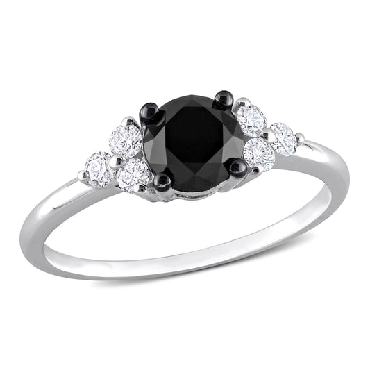 Round Black and White Diamond Engagement Ring in 10k White Gold