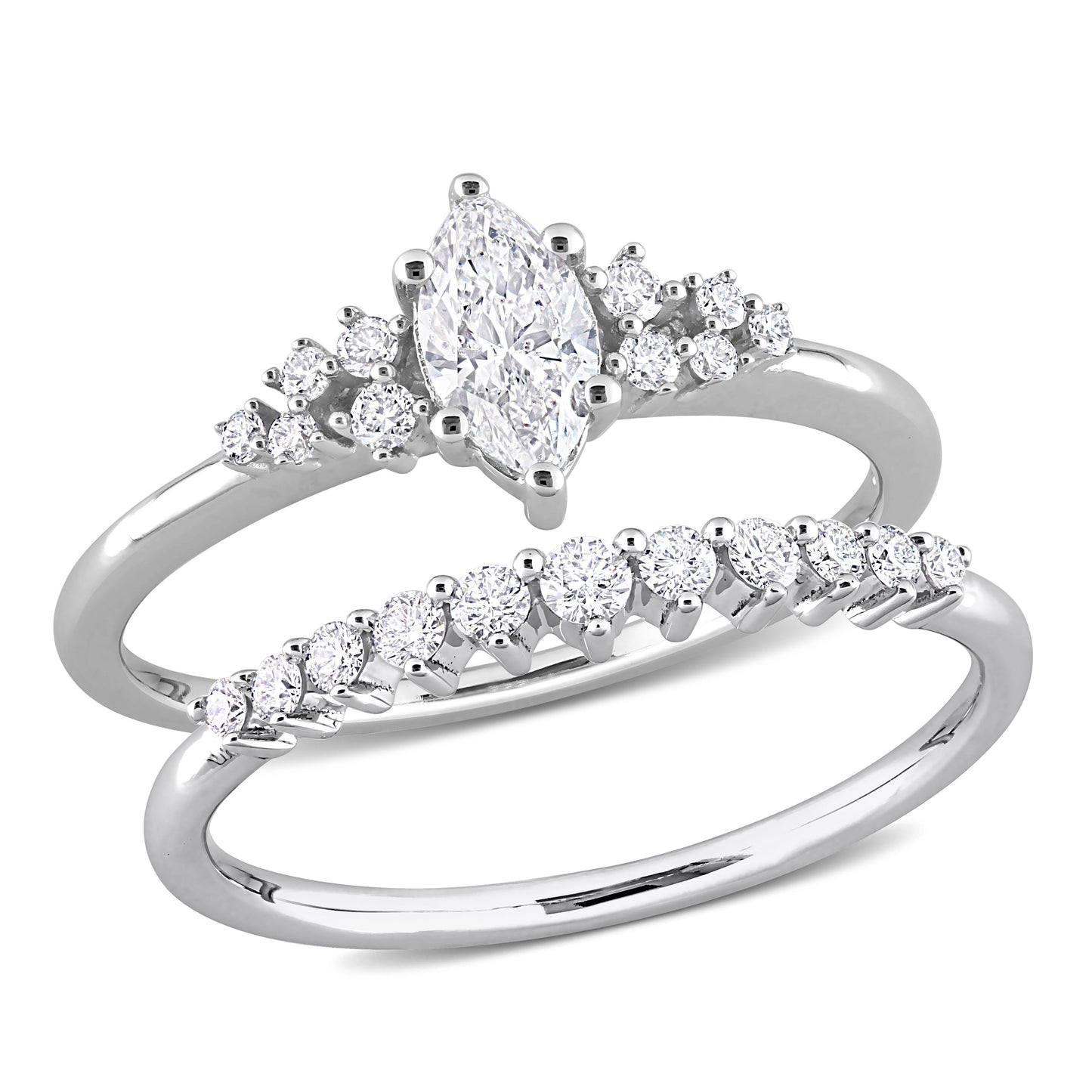 Marquise & Round Diamond Ring Set in 14k White Gold