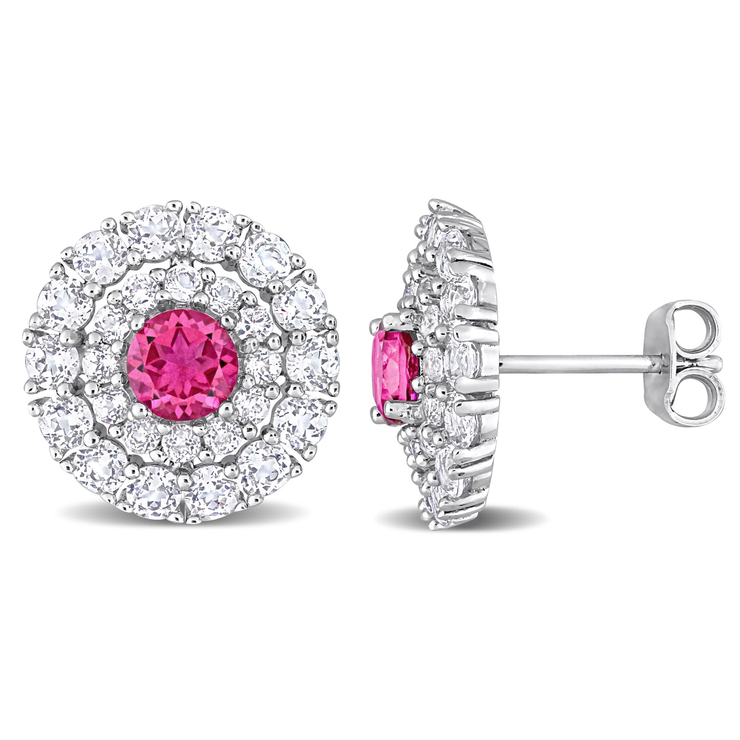 4 3/8ct Pink & White Topaz Double Halo Studs in Sterling Silver