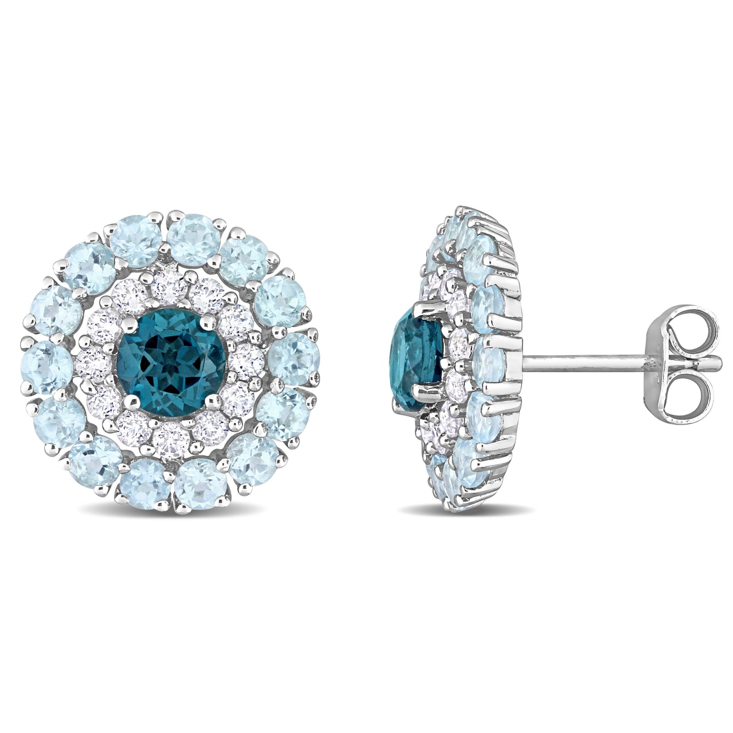 Blue & White Topaz Double Halo Studs in Sterling Silver