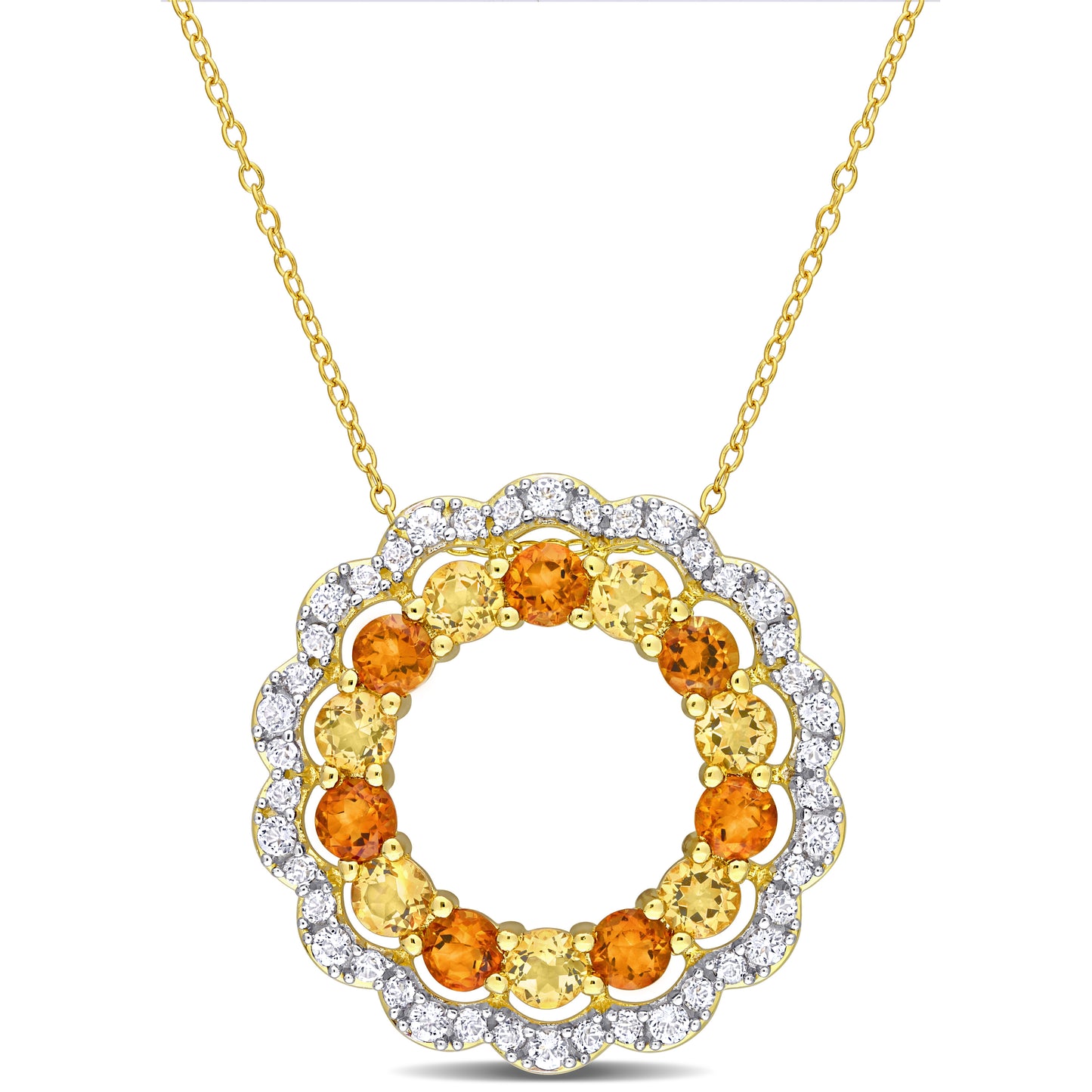 Madeira Citrine & White Topaz Double Circle Necklace in Yellow Silver