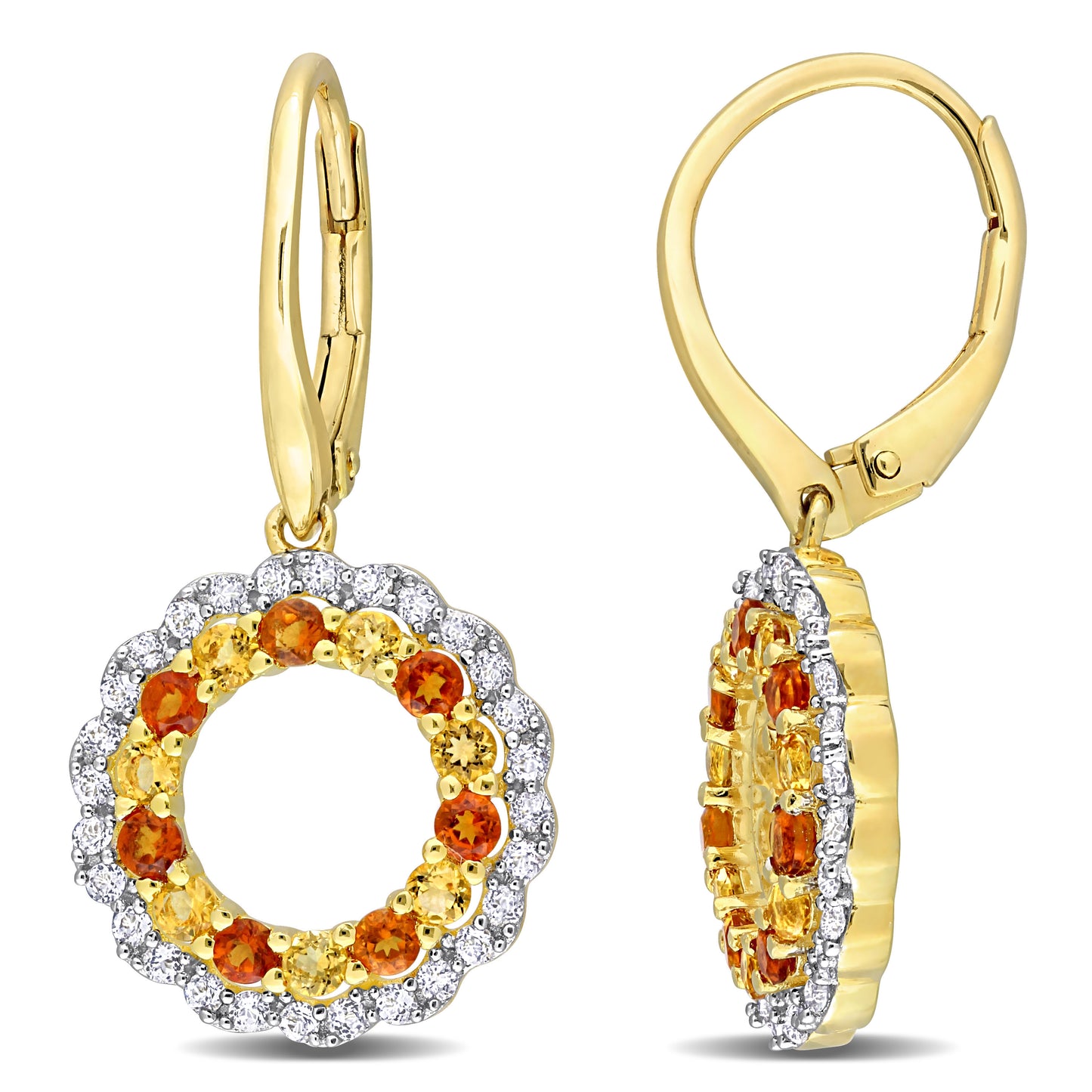 Citrine & White Topaz Double Ciclce Earrings in Yellow Silver