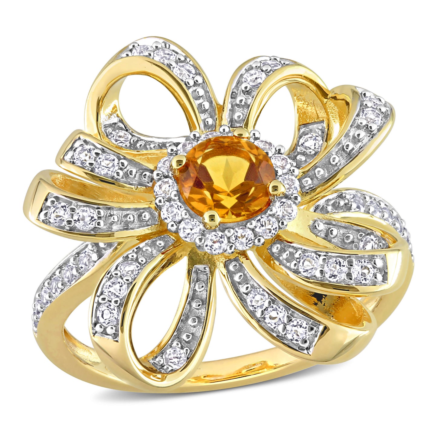 7/8ct Citrine & White Topaz Ribbon Ring in 18k Yellow Gold Plated Silver