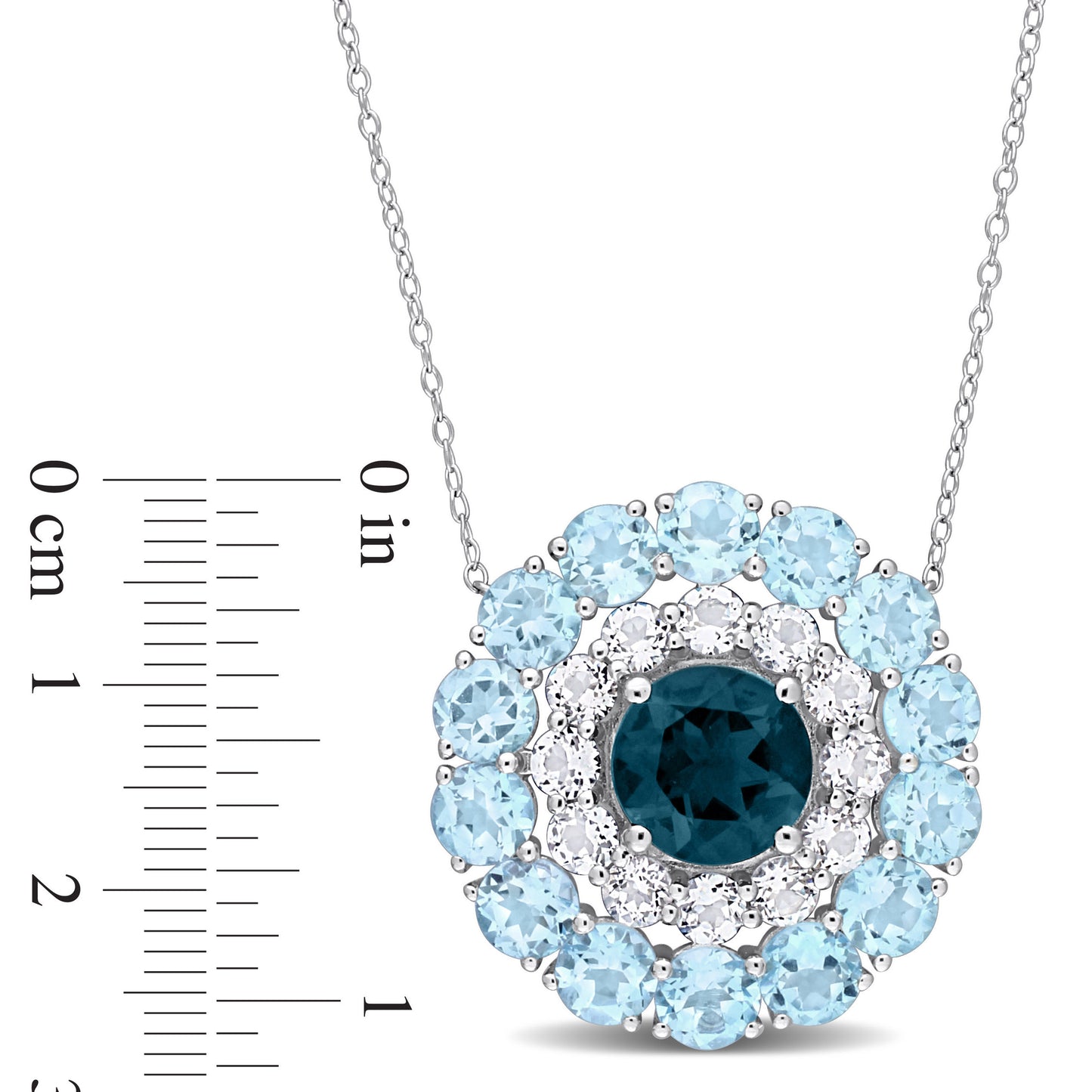 14 3/5ct Blue & White Topaz Double Halo Circle Necklace in Sterling Silver
