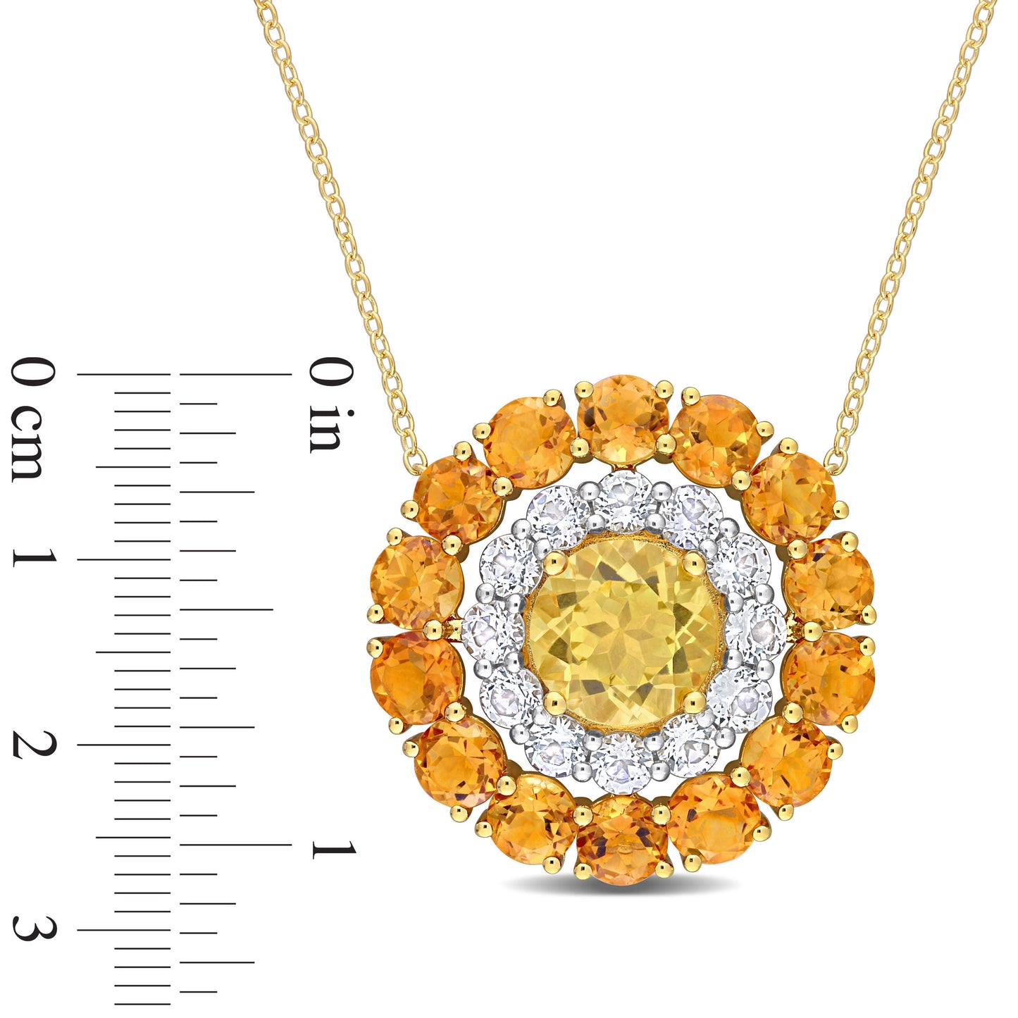 Madeira Citrine & White Topaz Double Halo Necklace in Yellow Silver