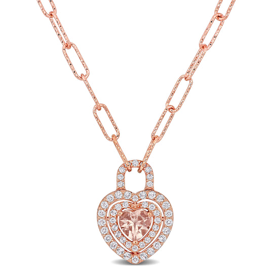 Hear Lock Morganite & White Topaz Necklace in Rose Silver