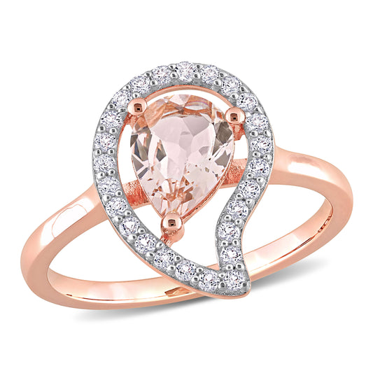 Teardrop Halo Morganite & White Topaz Ring in Rose Plated Silver