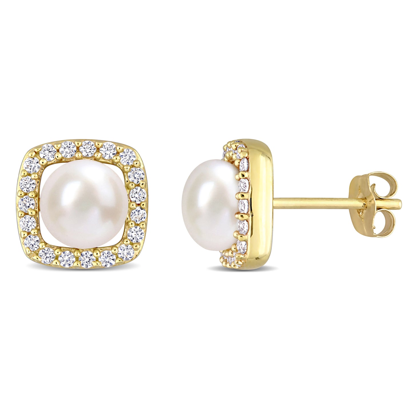 Pearl & White Sapphire Halo Studs in 10k Yellow Gold