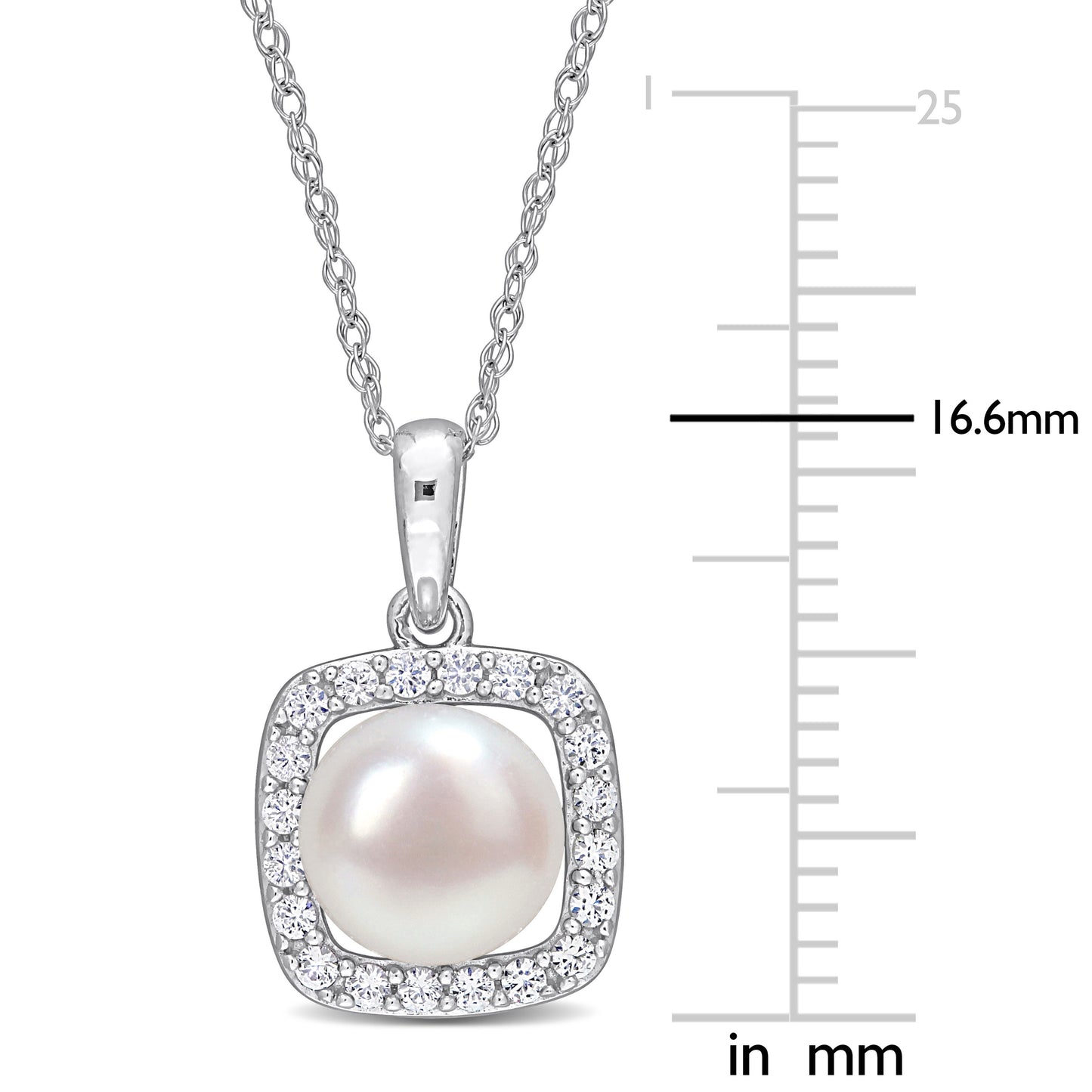 Pearl & White Sapphire Halo Necklace in 10k White Gold