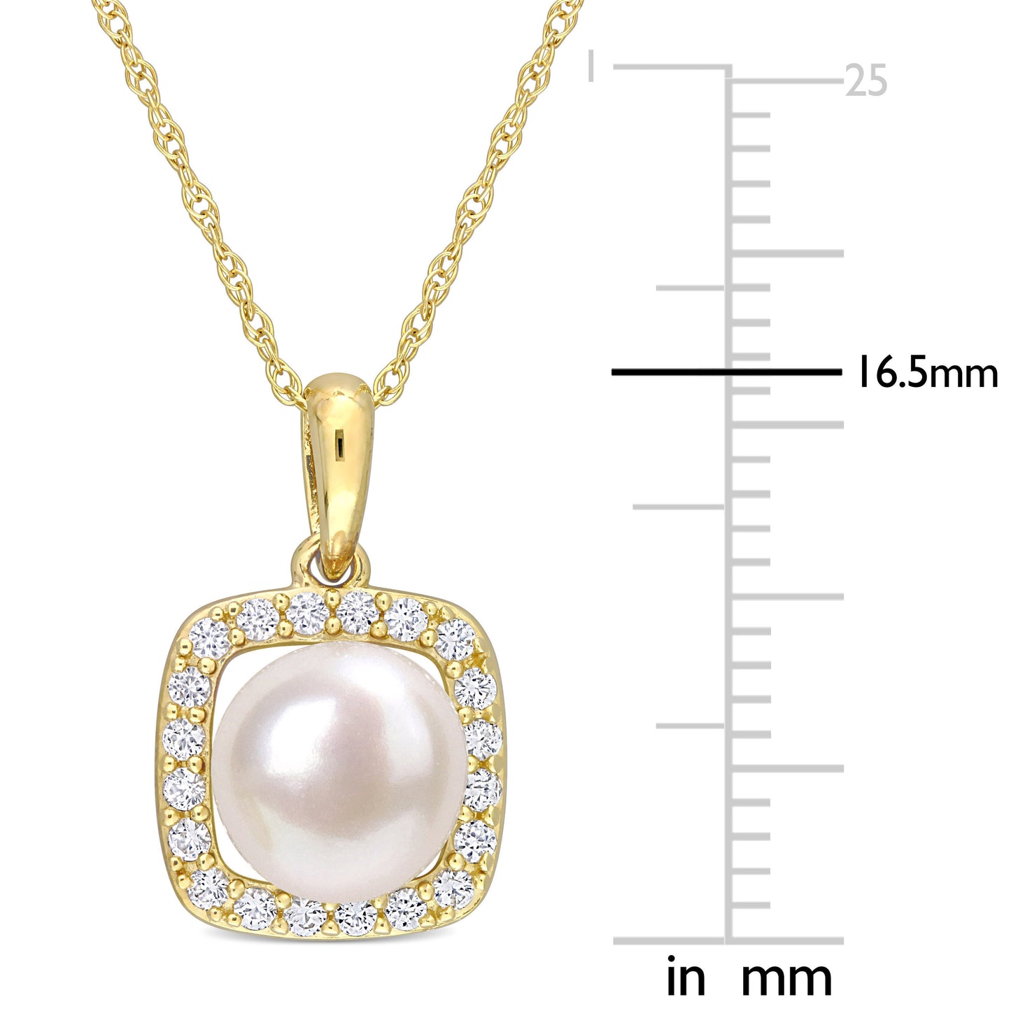 Pearl & White Sapphire Halo Necklace in 10k Yellow Gold