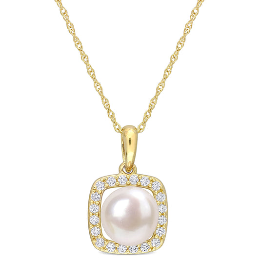 Pearl & White Sapphire Halo Necklace in 10k Yellow Gold