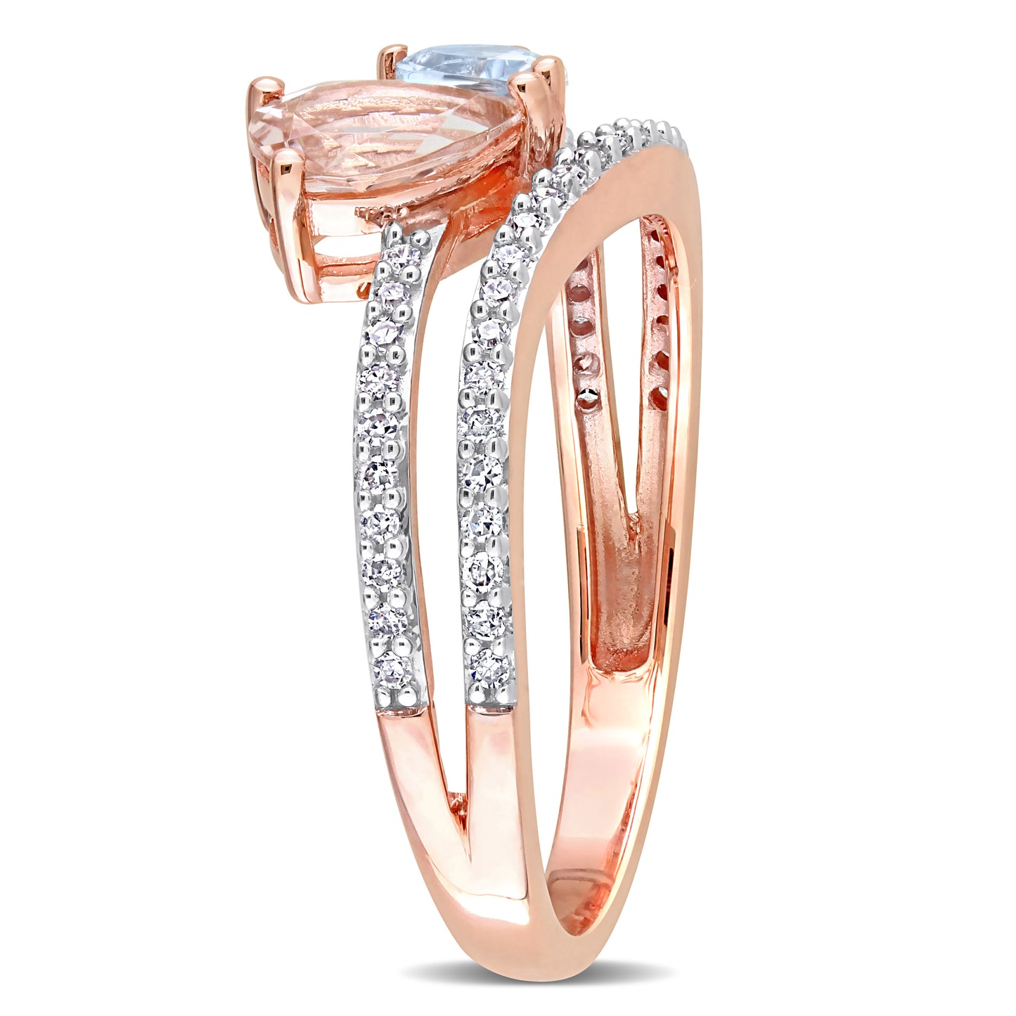 Double Band Morganite, Aquamarine & Diamond Ring in 10k Rose Gold