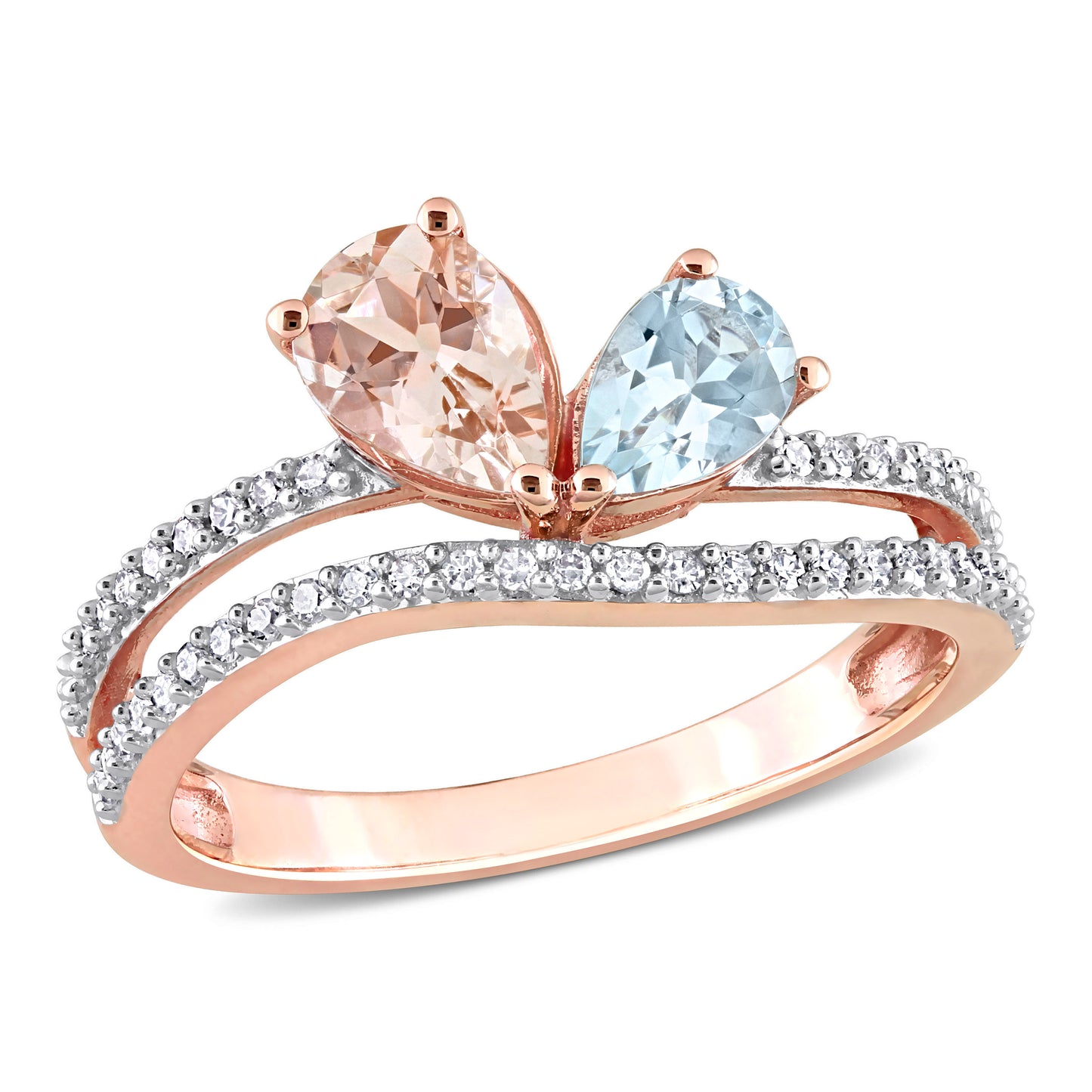 Double Band Morganite, Aquamarine & Diamond Ring in 10k Rose Gold