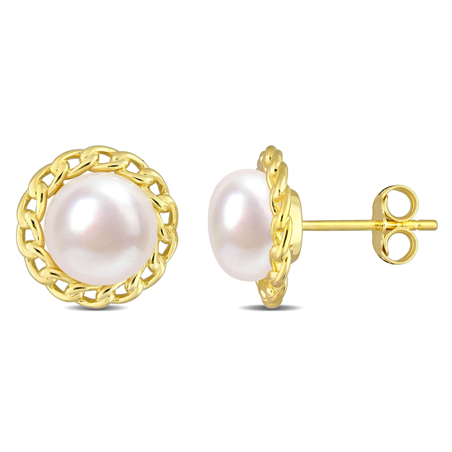 Pearl Halo Link Studs in Yellow Silver