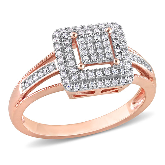 Double Halo Square Cluster Diamond Ring in 10k Rose Gold