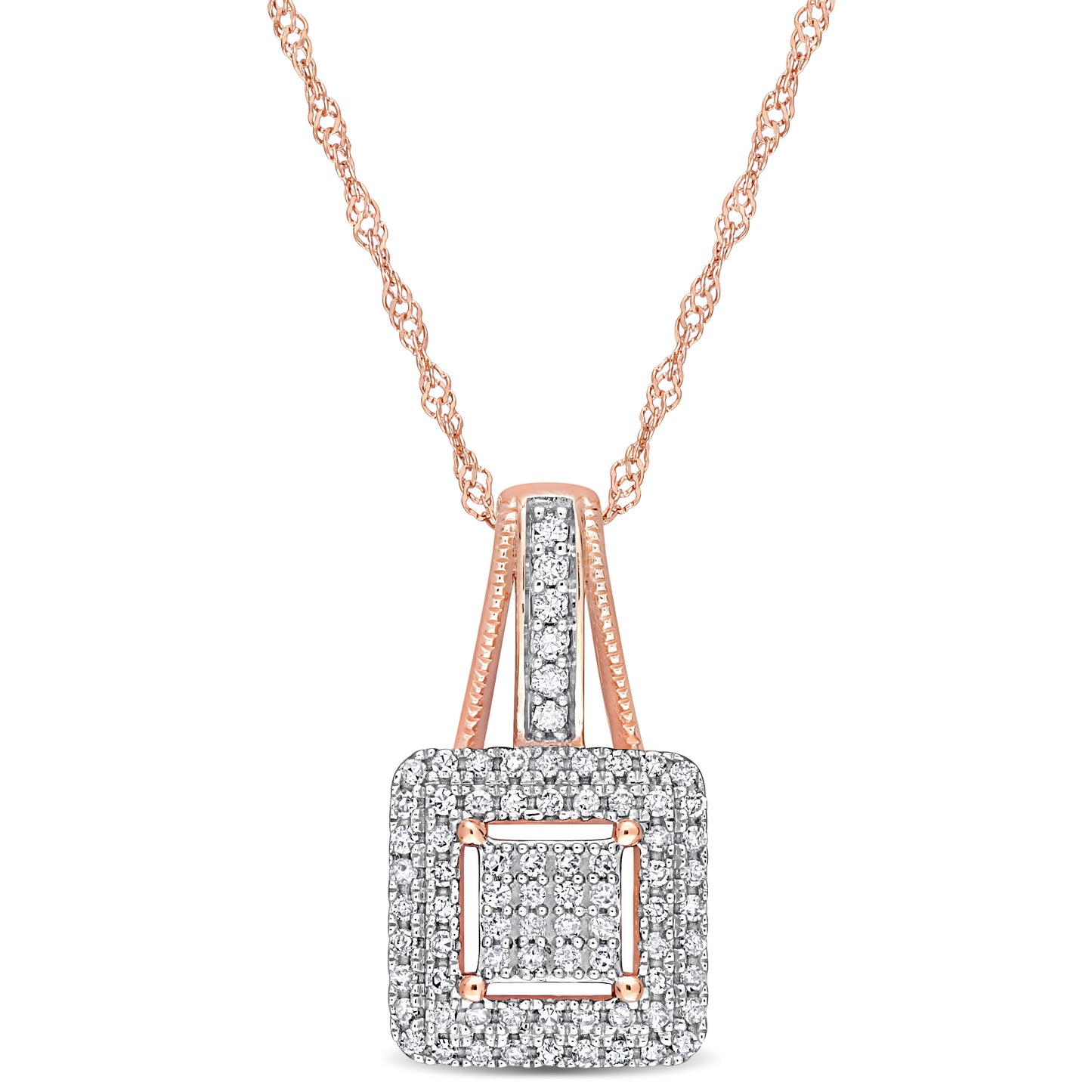Double Halo Square Cluster Diamond Necklace in 10k Rose Gold