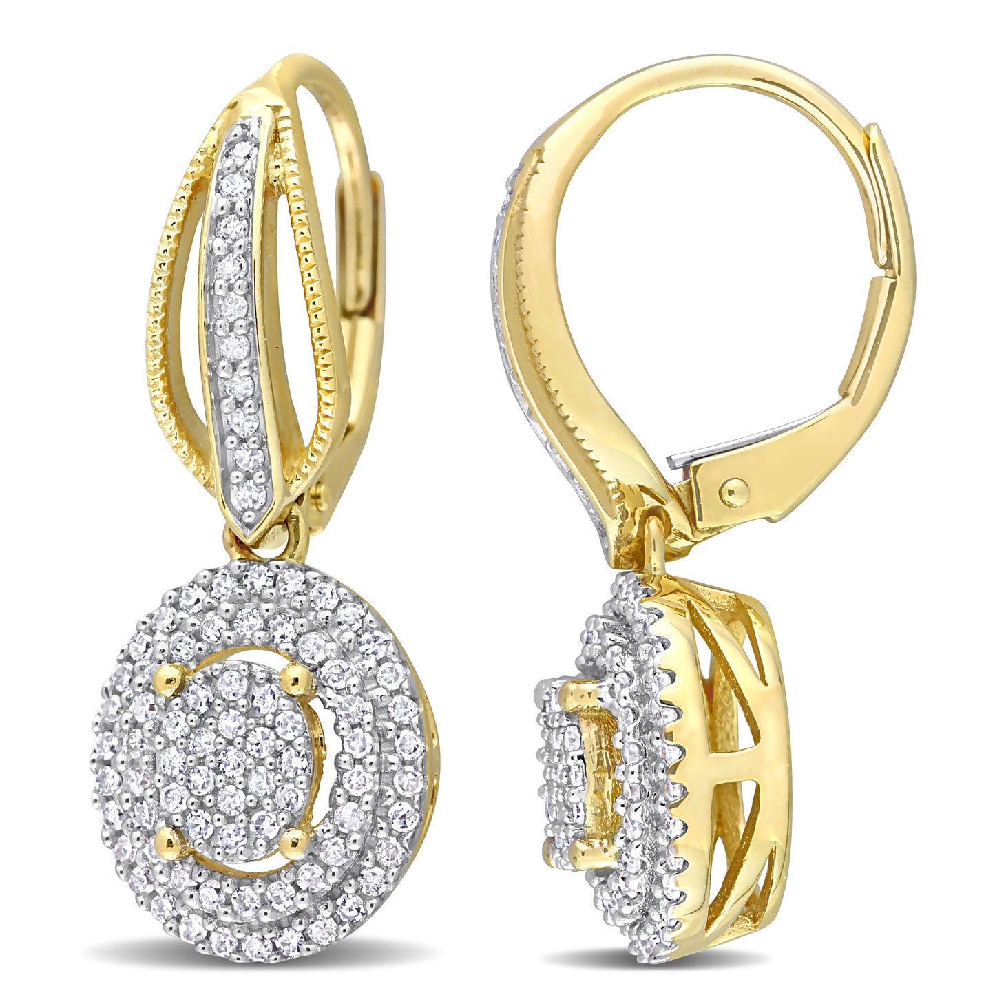 Double Halo Oval Cluster Diamond Earrings in 10k Yellow Gold
