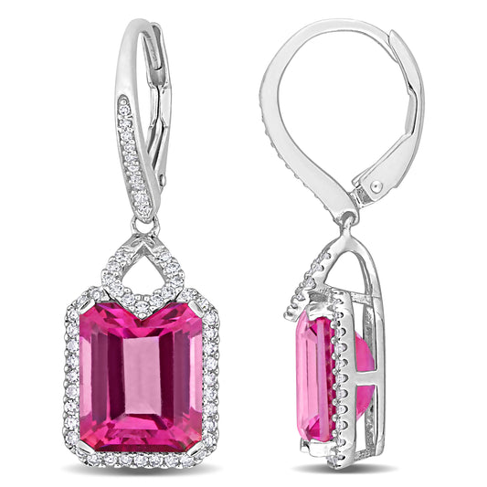 Pink Topaz & Diamond Halo Earrings in Sterling Silver