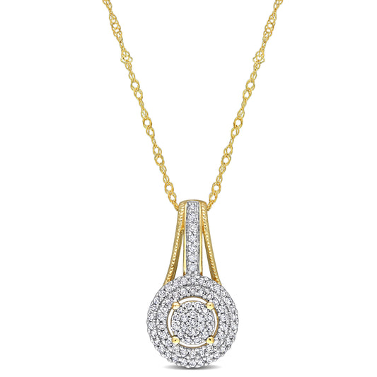 Double Halo Round Cluster Diamond Necklace in 10k Yellow Gold