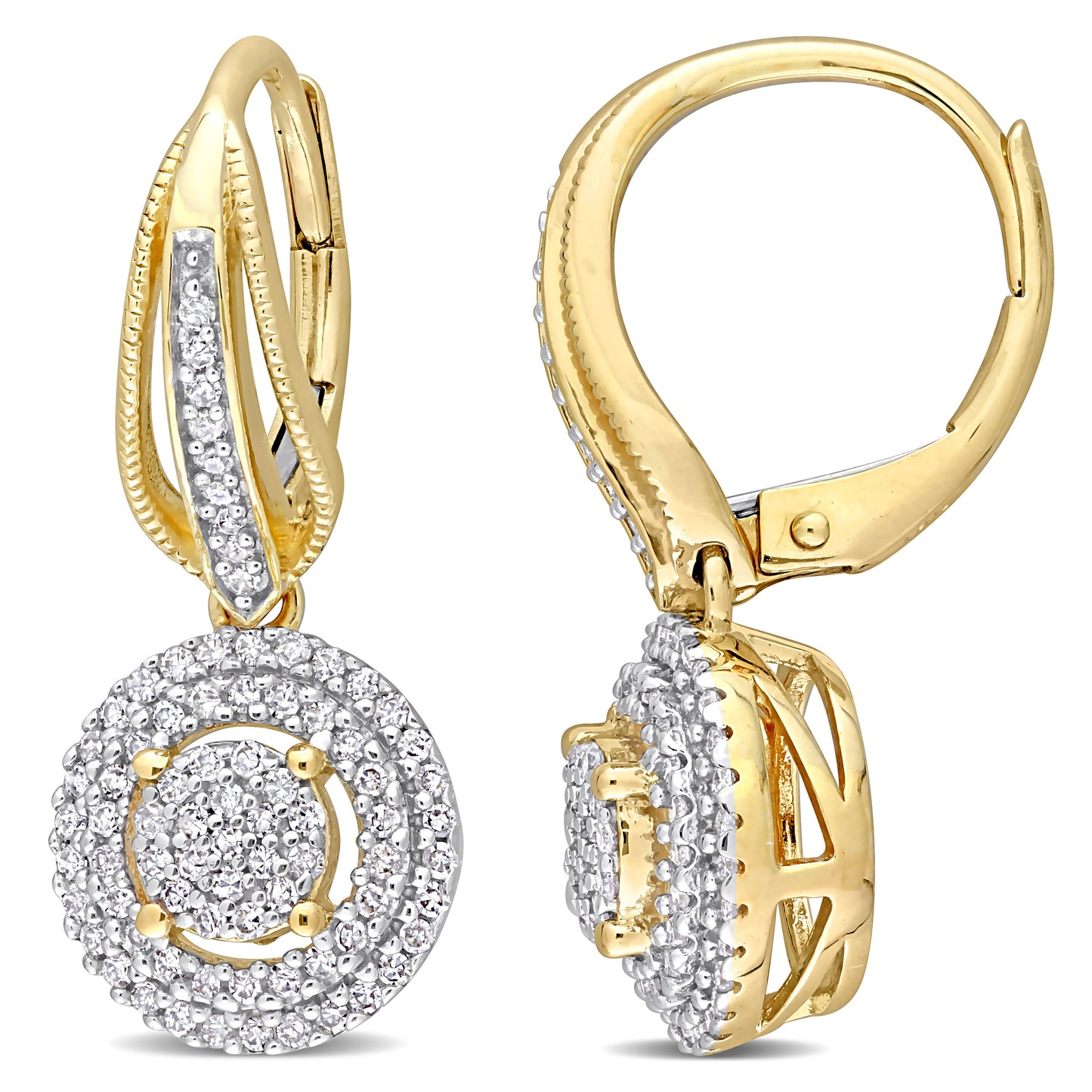 Double Halo Round Cluster Diamond Earrings in 10k Yellow Gold