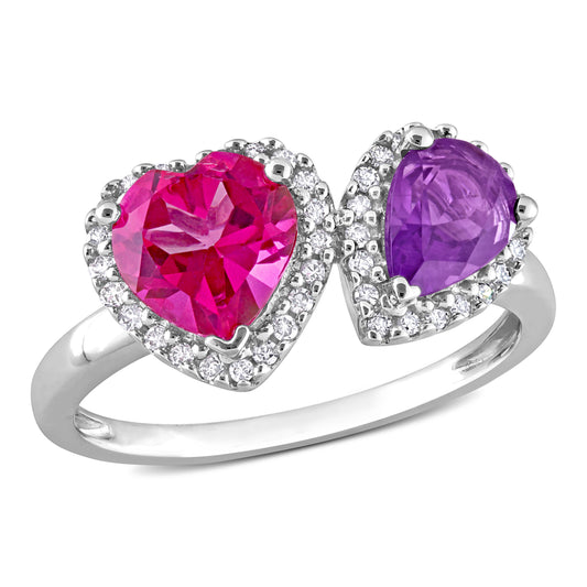Heart & Pear Cut Pink Topaz & African Amethyst & Diamond Ring in 10k White Gold