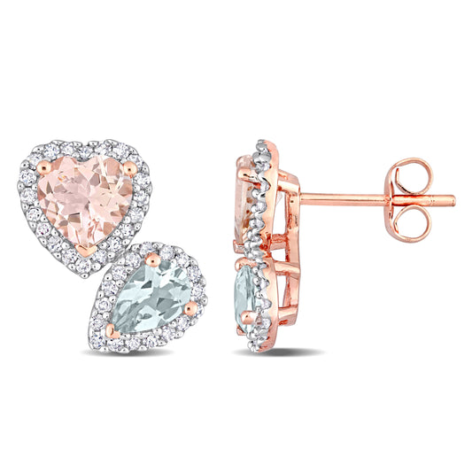 Morganite, Blue Topaz & Diamond Studs in 10k Rose Gold