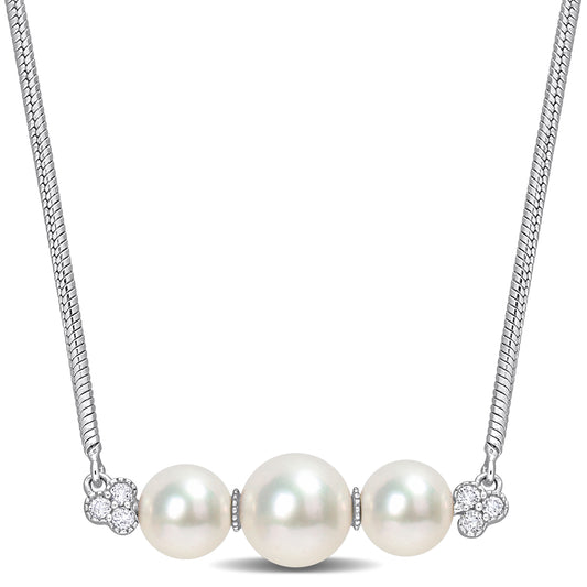 Pearl & White Topaz Bar Necklace in Sterling Silver