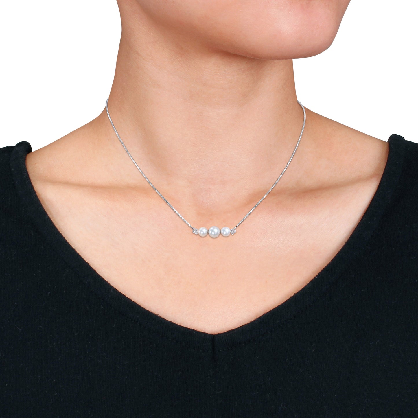 Pearl & White Topaz Bar Necklace in Sterling Silver