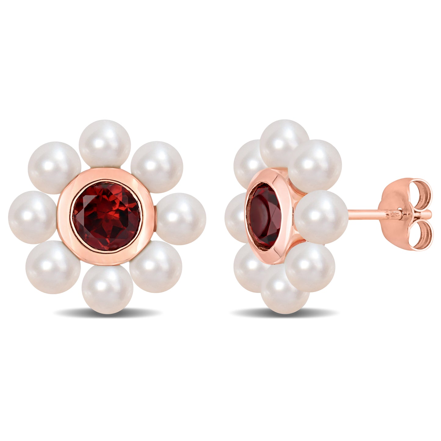 Garnet & Pearl Flower Studs in 10k Pink Gold