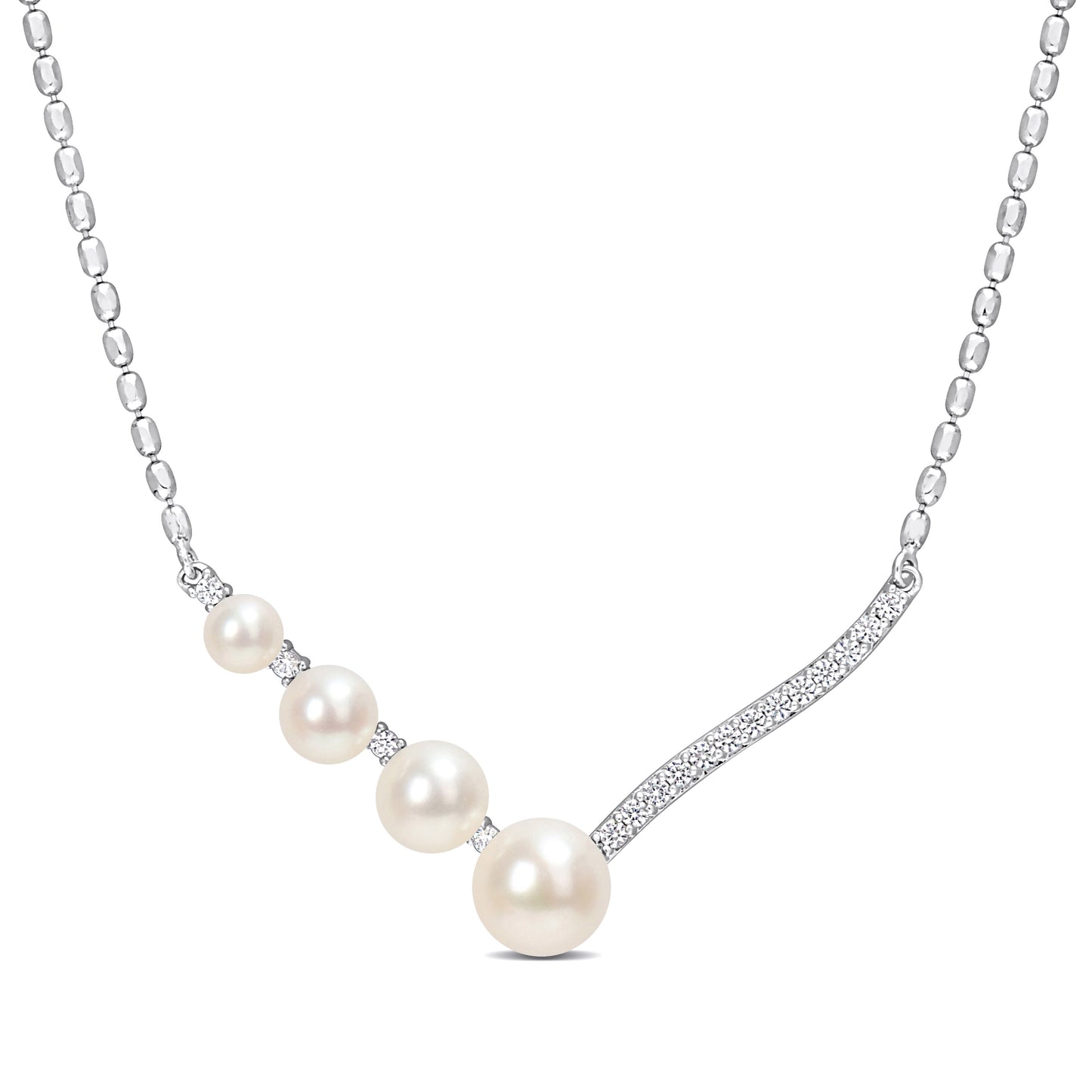 Pearl & White Sapphire Necklace in Sterling Silver
