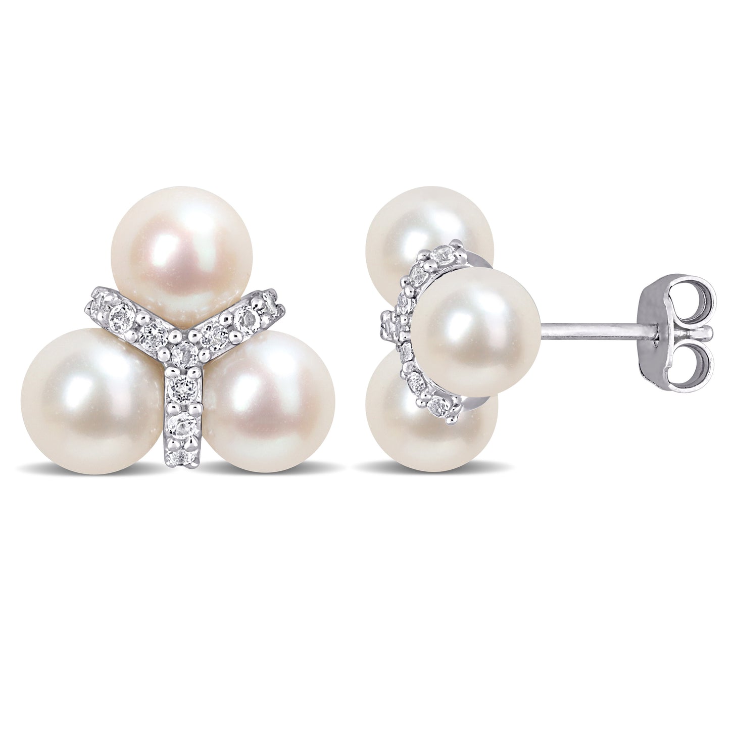 Pearl & White Topaz Floral Studs in Sterling Silver