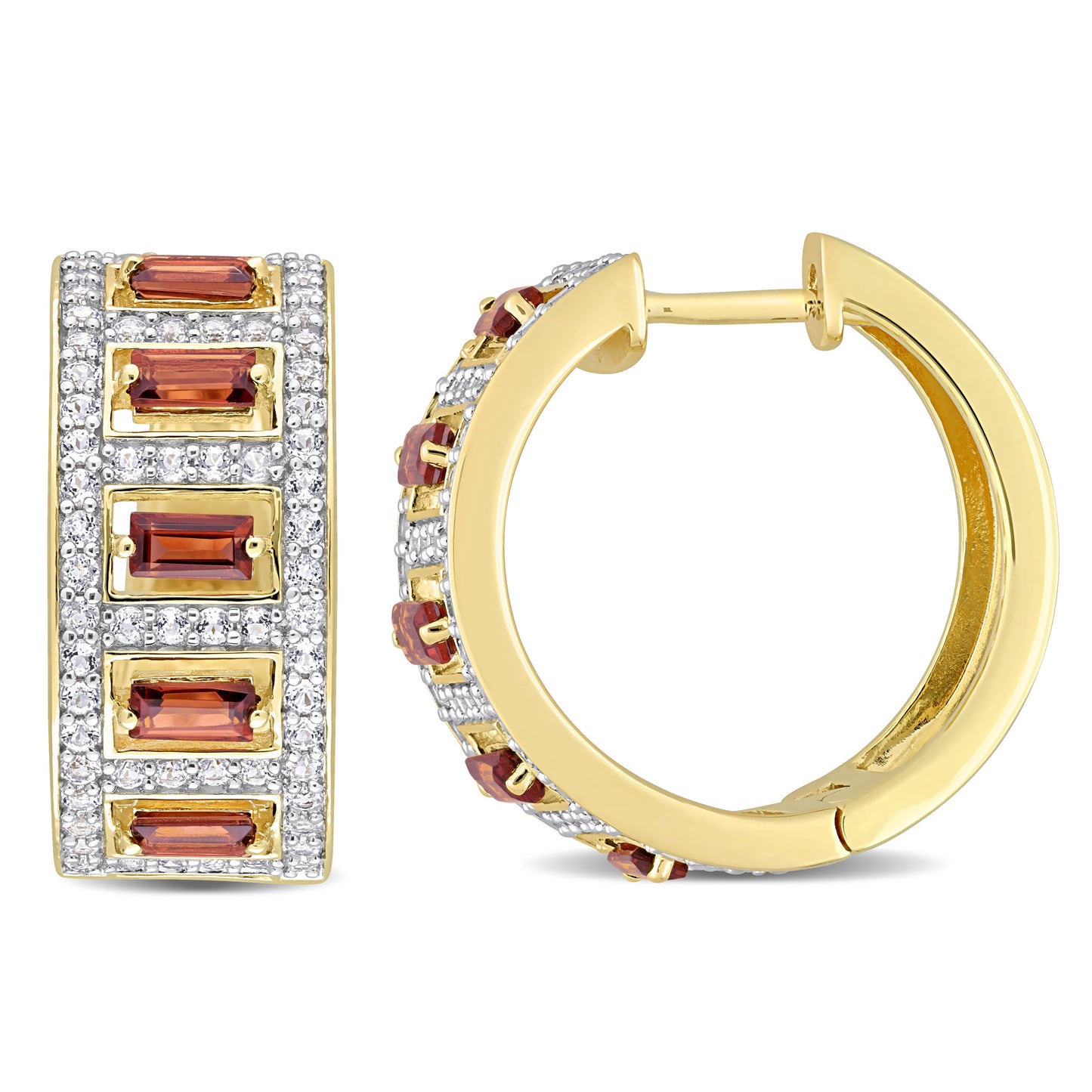 Baguette Garnet & White Topaz Hoop in Yellow Plated Sterling Silver