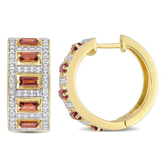 Baguette Garnet & White Topaz Hoop in Yellow Plated Sterling Silver