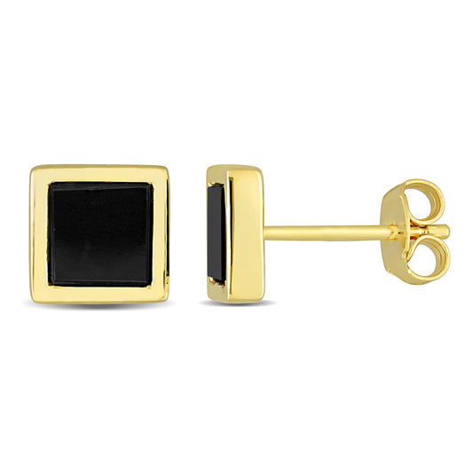 Black Onyx Square Studs in Yellow Silver