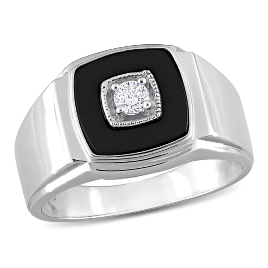 Square Black Onyx & Diamond Ring in Sterling Silver