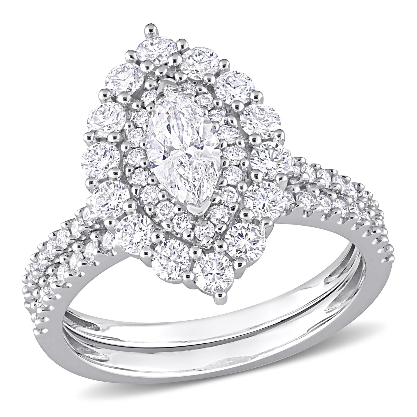 Marquise & Round Diamond Cluster Ring Set in 14k White Gold
