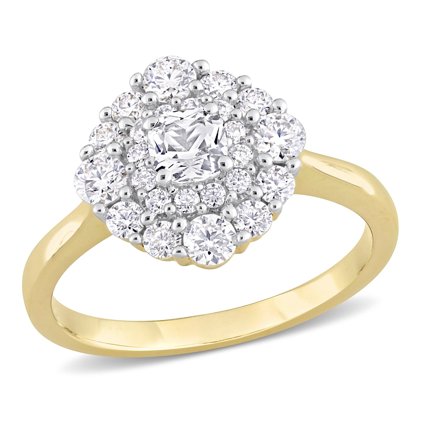 1ct Cushion Cut Moissanite Cluster Engagement Ring in 10k Yellow Gold