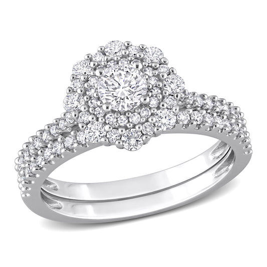 Round Diamond Halo Ring Set in 14k White Gold